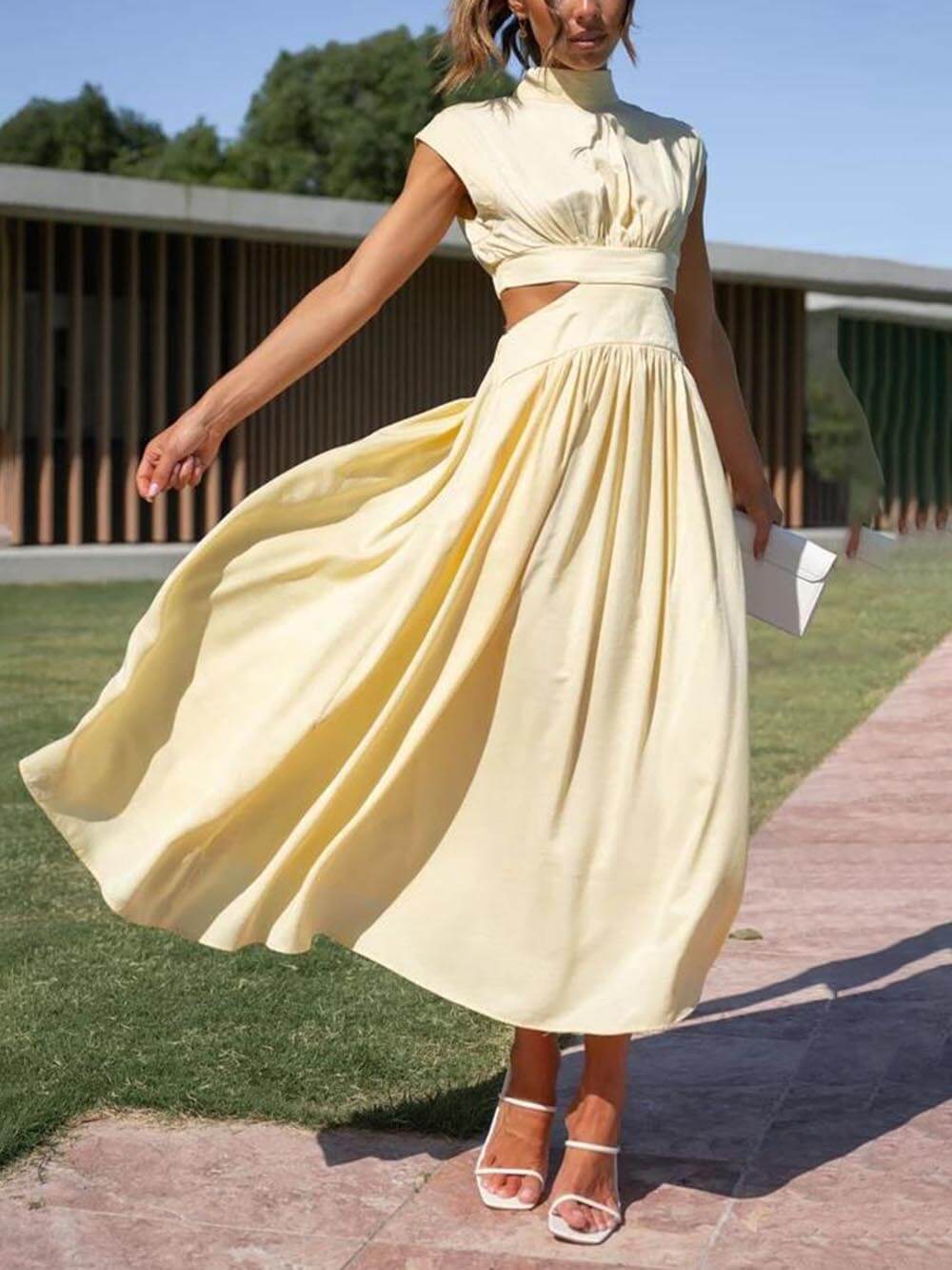 Cutout Waist Pocket Midi Dress