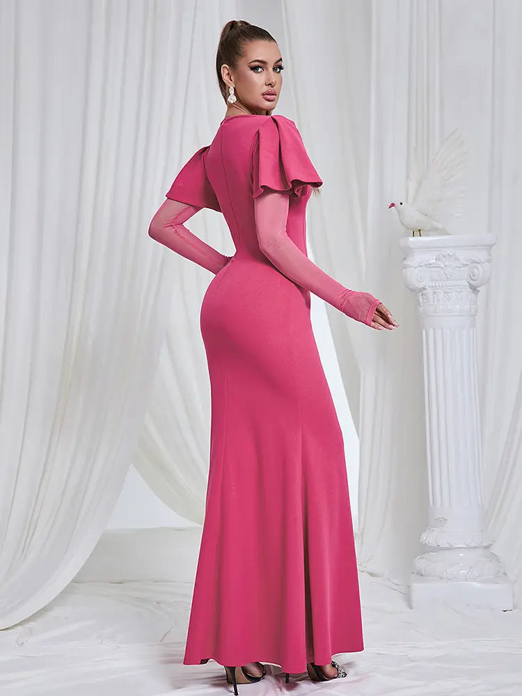 Mesh Sleeve Round Neck Midi Dress