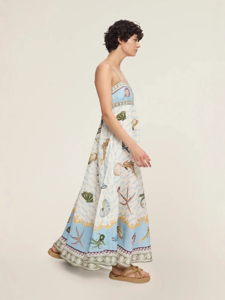 Graffiti Print Linen Maxi Dress
