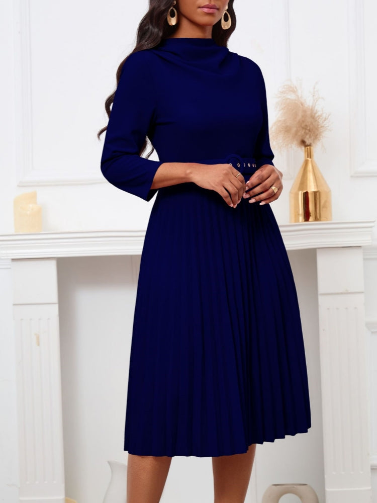 Belted Pleated Collar Dress