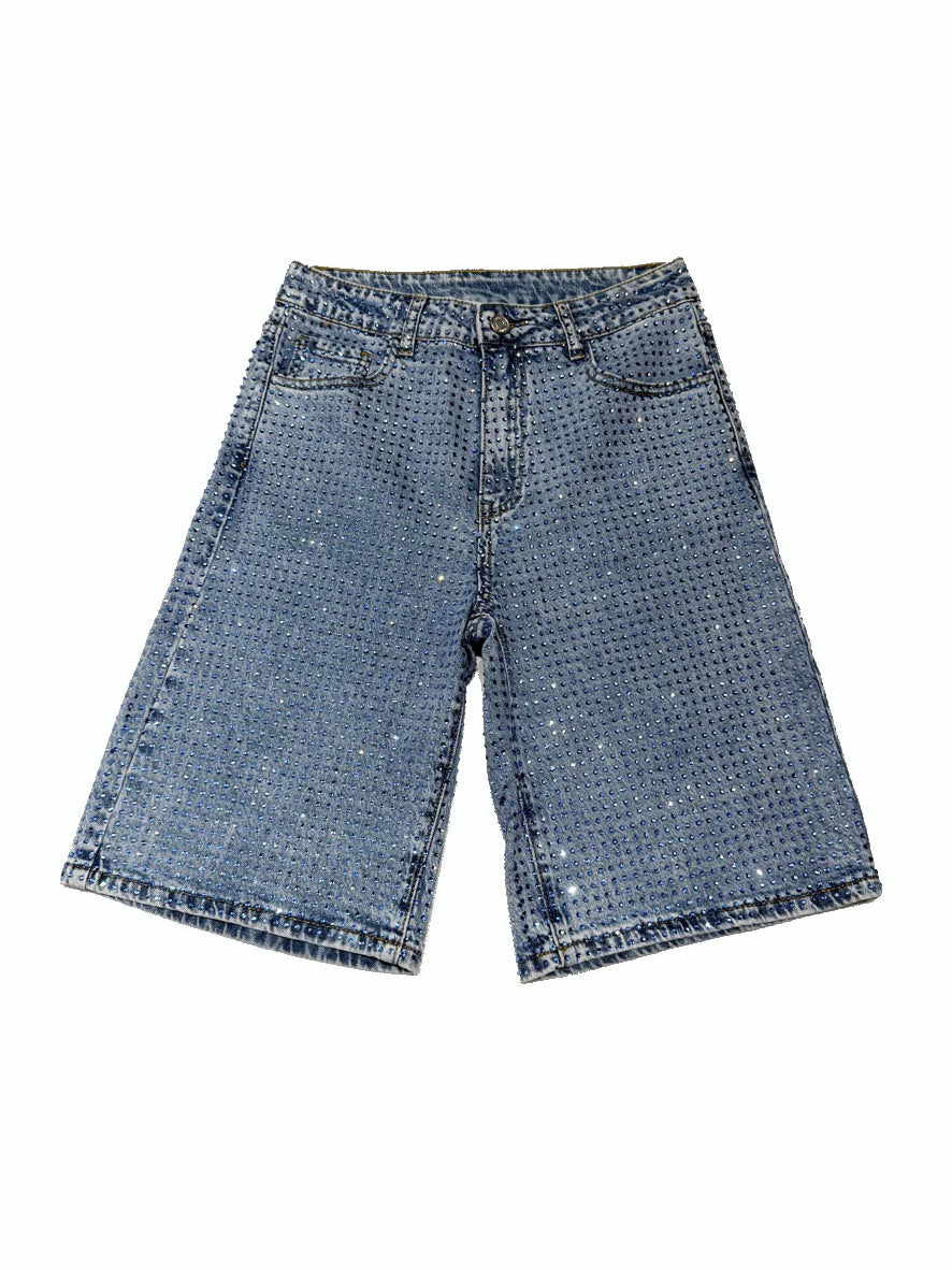 Rhinestone Longline Denim Shorts