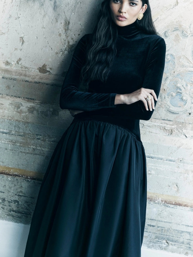 Mock-Neck Fit-and-Flare Midi Dress