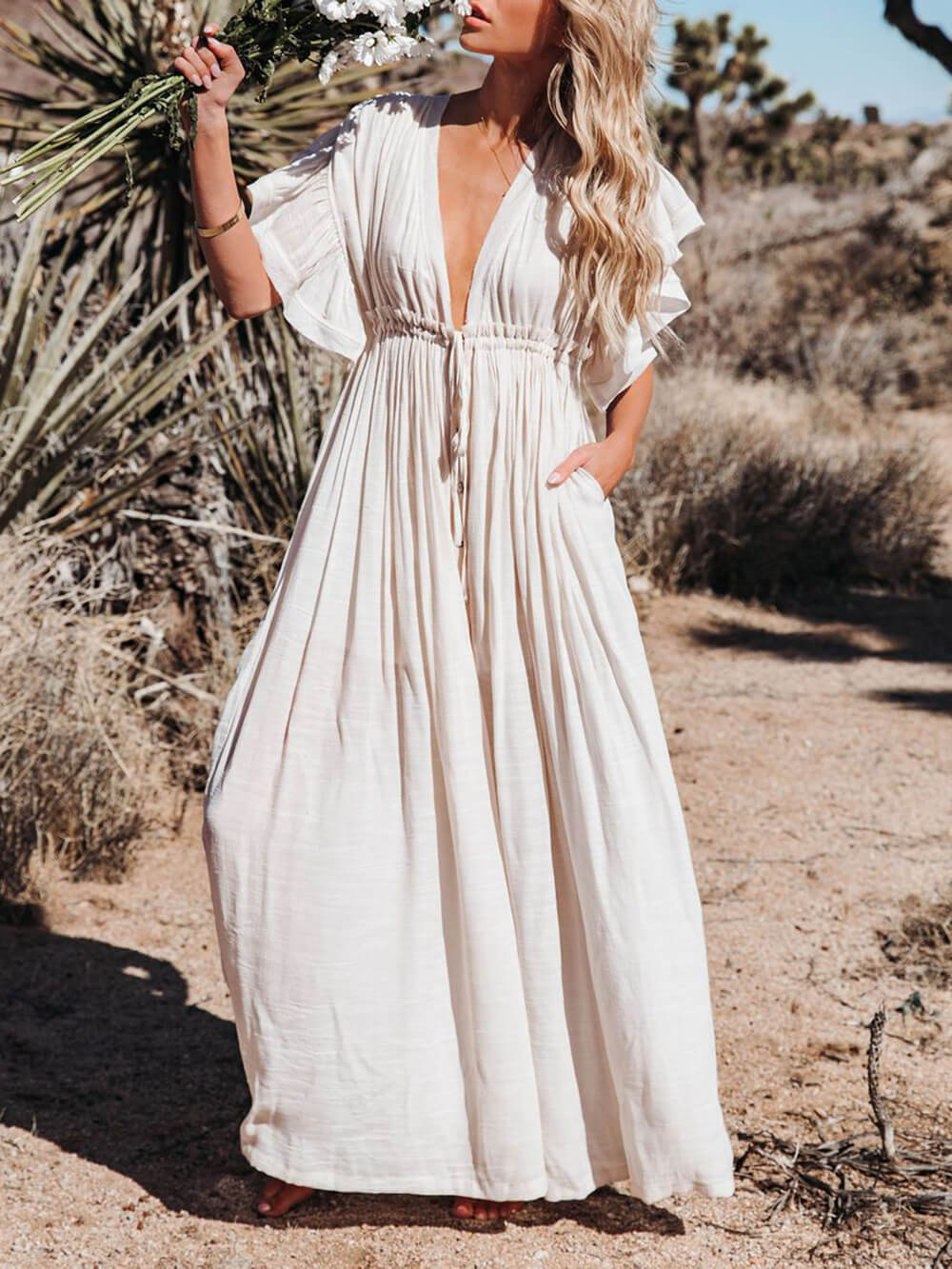 Button-Front Linen Beach Maxi Dress