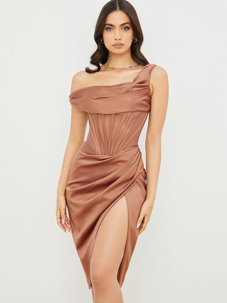 Brown Corset Bodycon Midi Dress