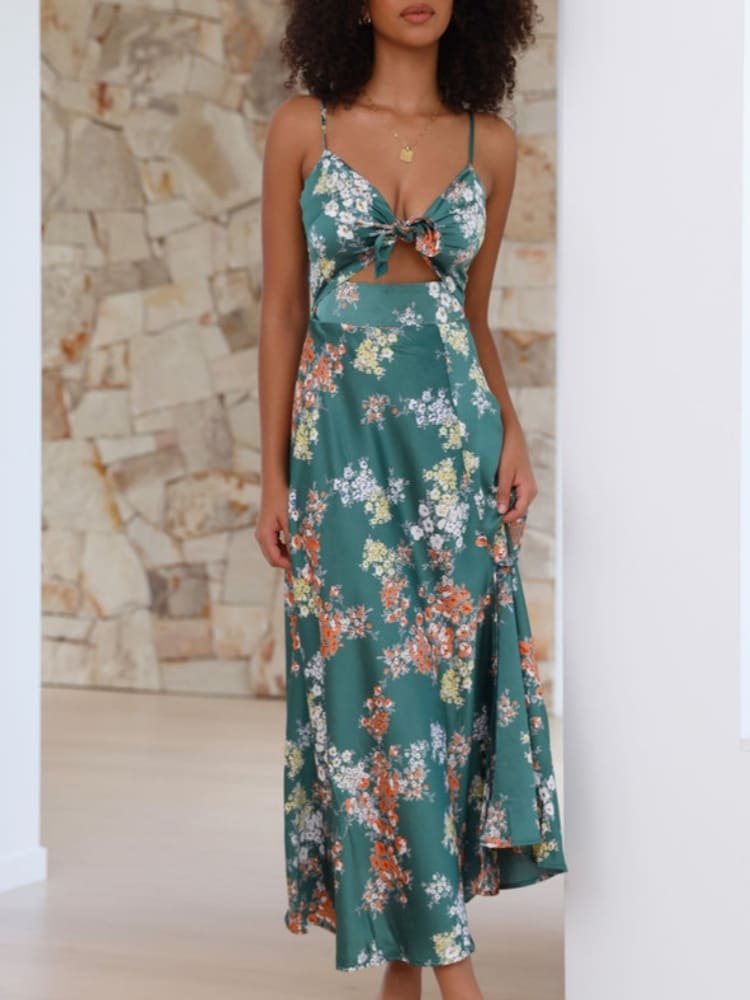 Green Floral Tie-Front Midi Dress