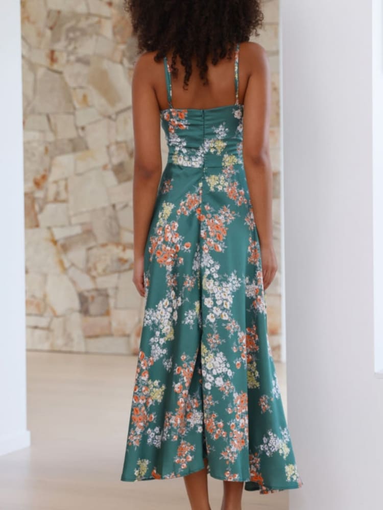 Green Floral Tie-Front Midi Dress