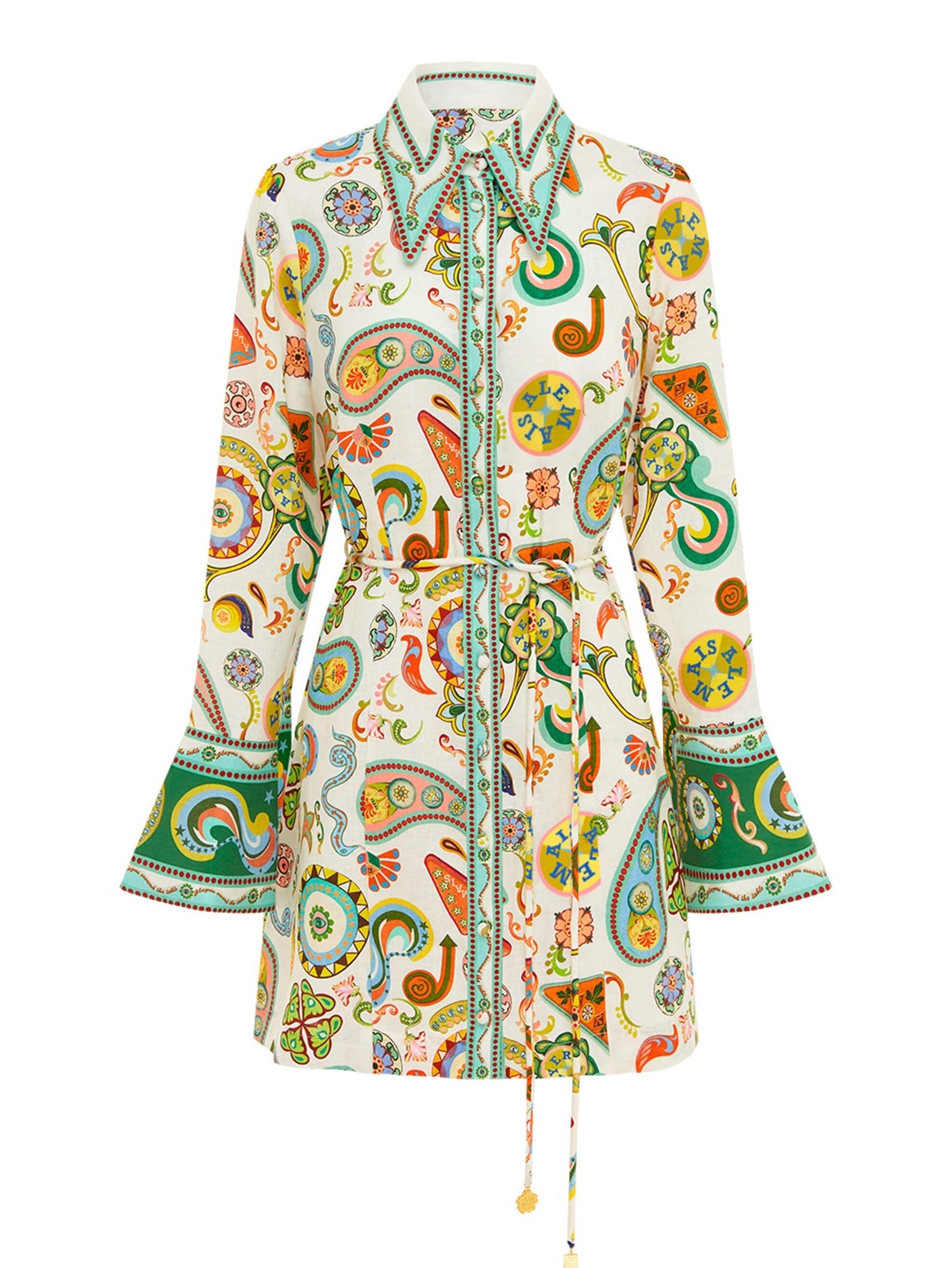 Trumpet-Sleeve Graphic Print Mini Dress