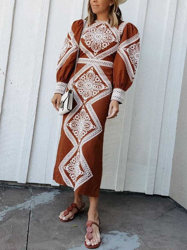Printed Cuffed Sleeve Maxi Dress