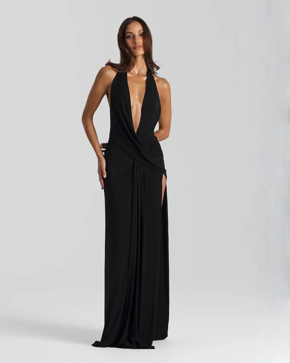 Plunge Halter Backless Maxi Dress