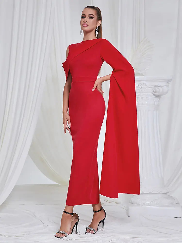 Red Shoulder Slit Evening Dress