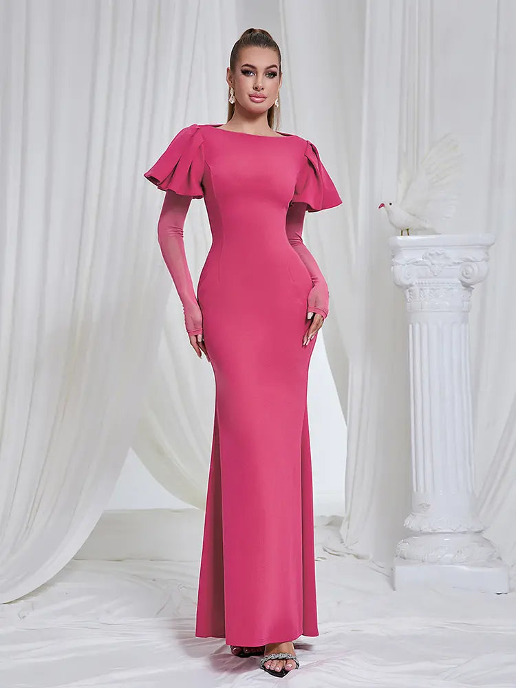 Mesh Sleeve Round Neck Midi Dress