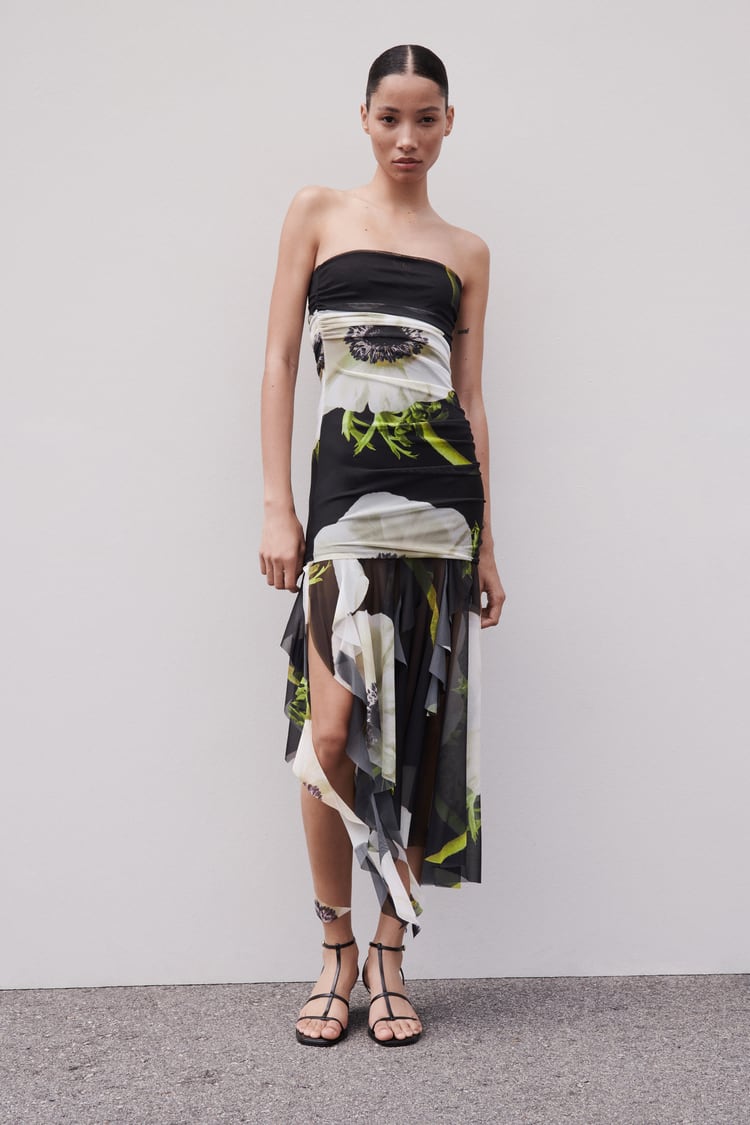 Ruched Mesh Tube Midi Dress