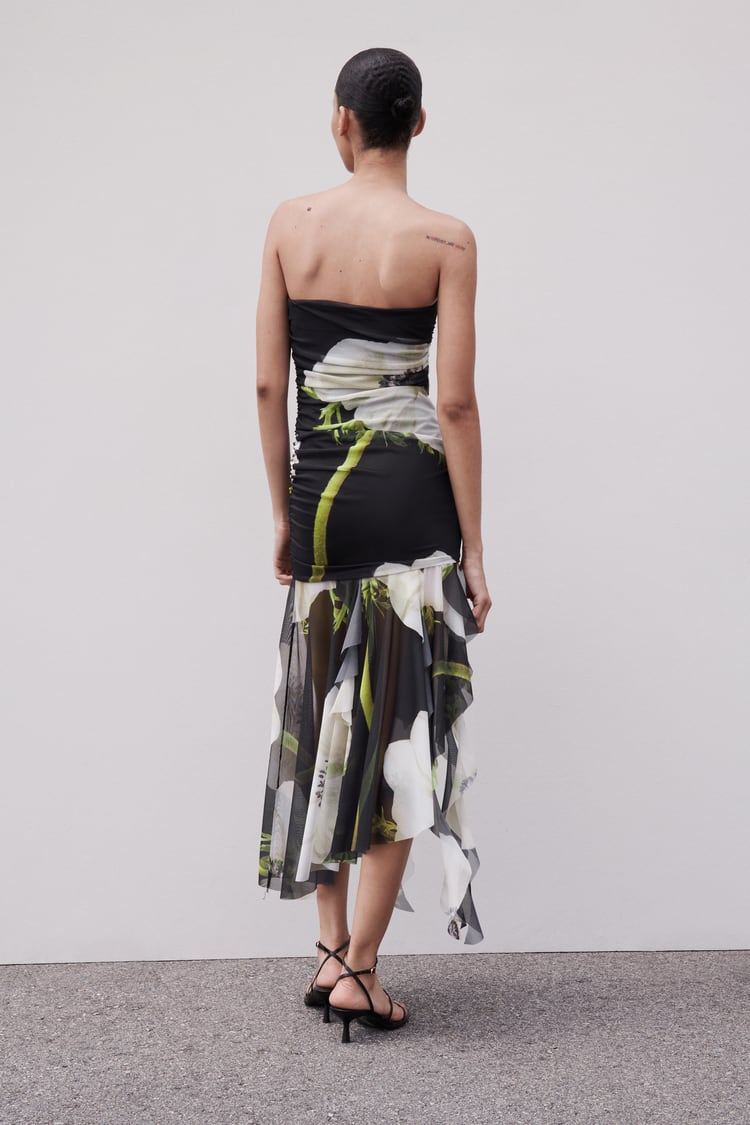 Ruched Mesh Tube Midi Dress