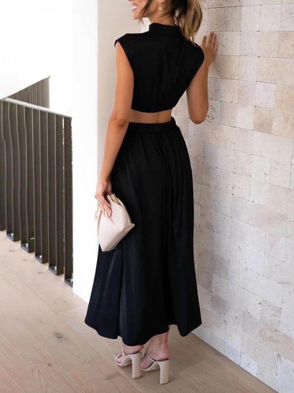 Cutout Waist Pocket Midi Dress