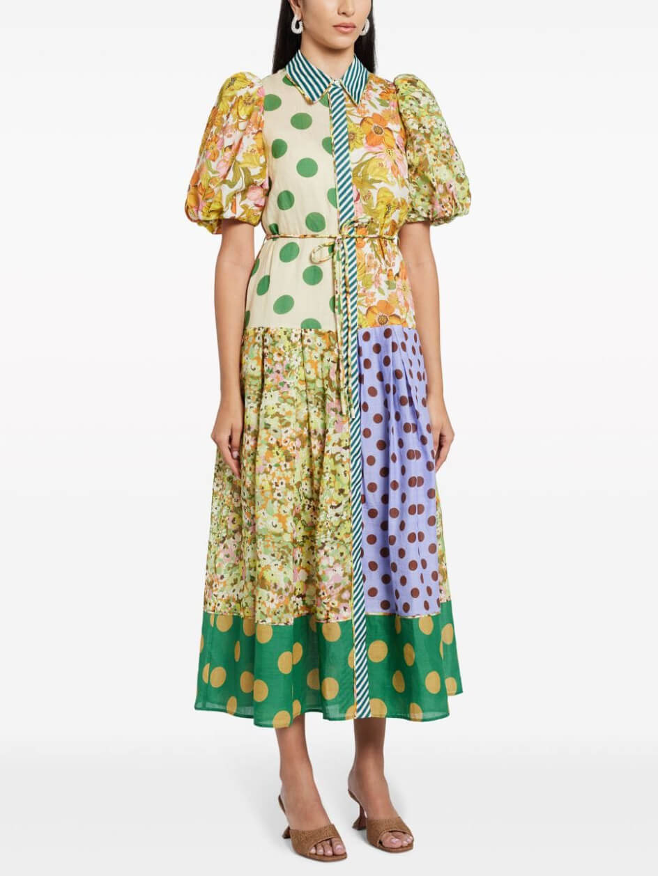 Floral Puff-Sleeve Open-Back Midi Dress