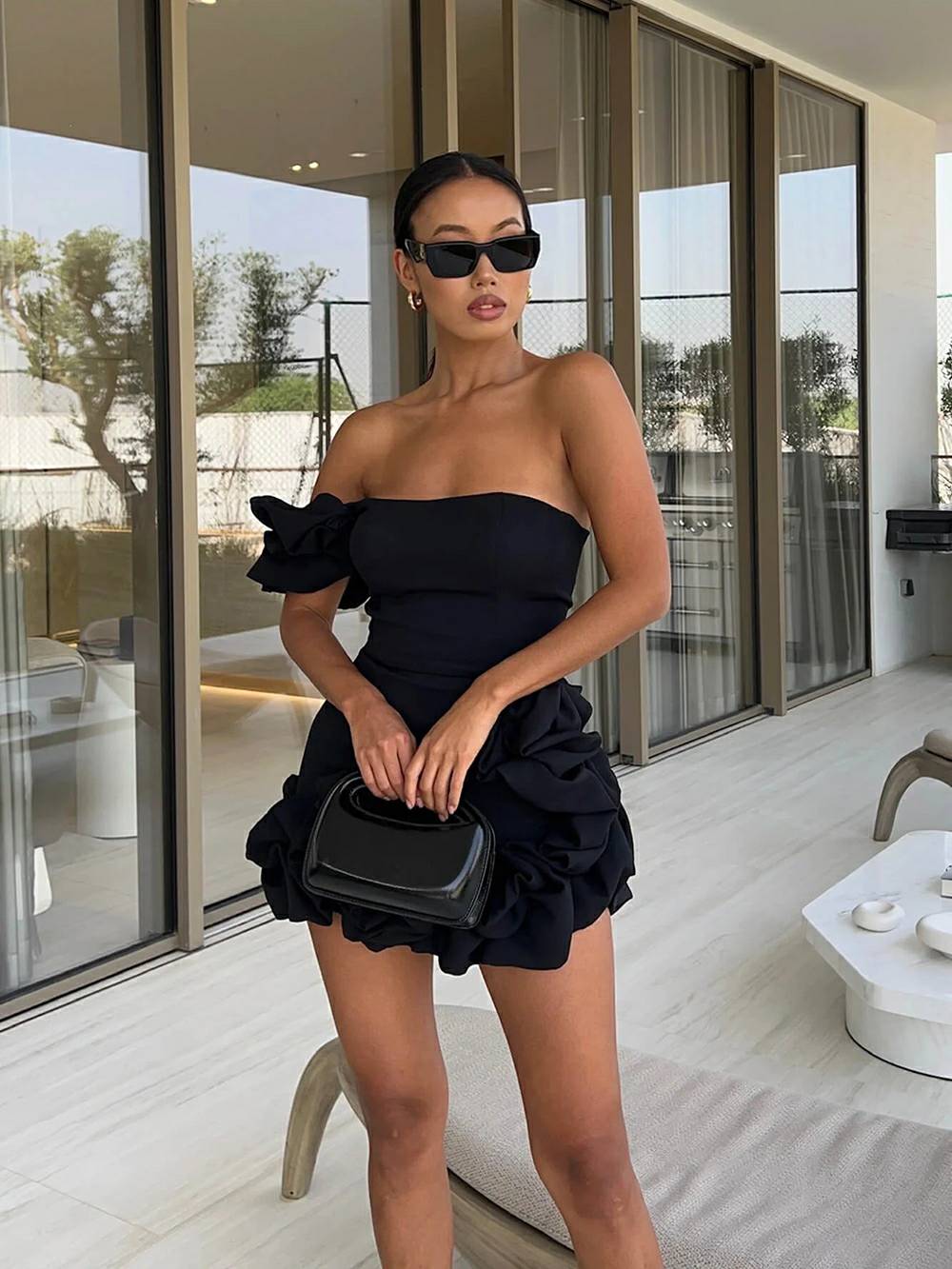 One-Shoulder Flounce Mini Dress