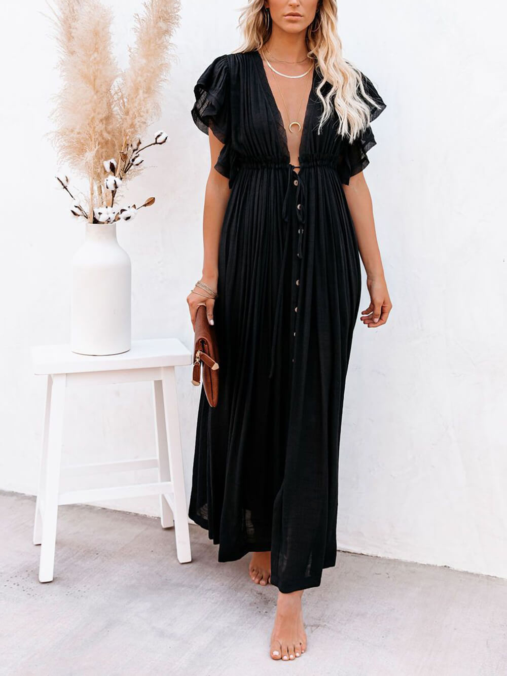 Button-Front Linen Beach Maxi Dress