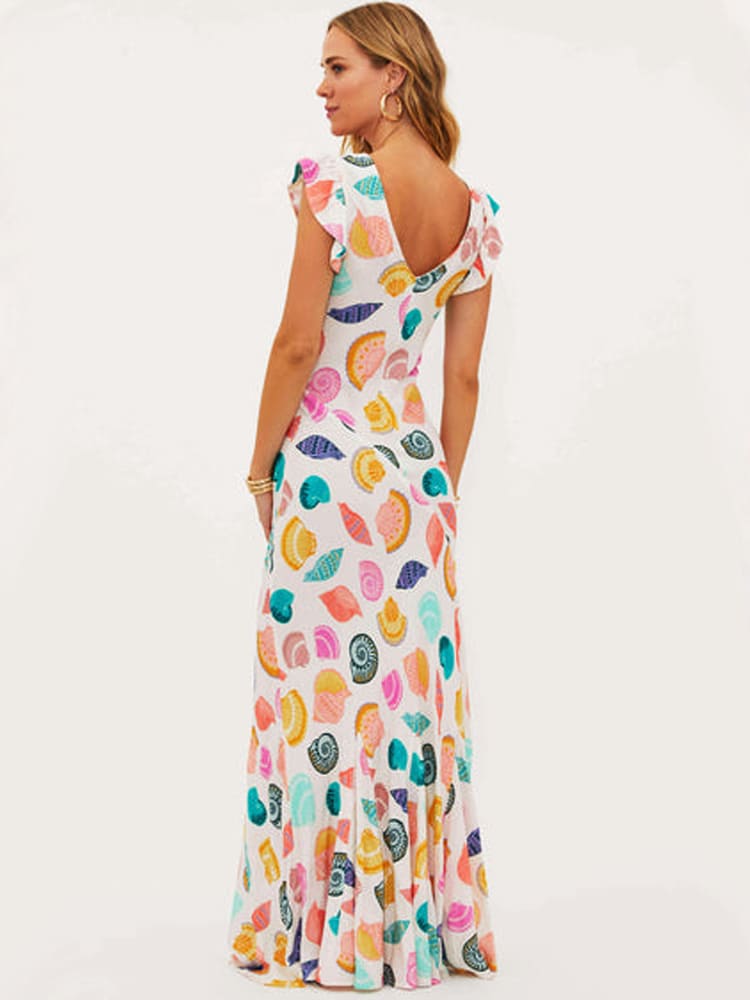 Seashell Print Ruffle Maxi Dress