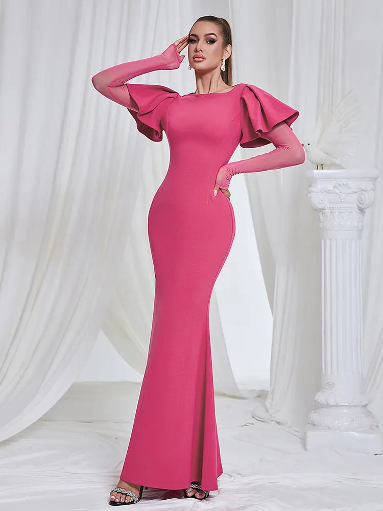 Mesh Sleeve Round Neck Midi Dress