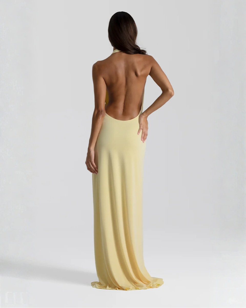 yellow backless maxi dress Women's Yellow Satin Backless Lace Trim Maxi Dress | Penelope