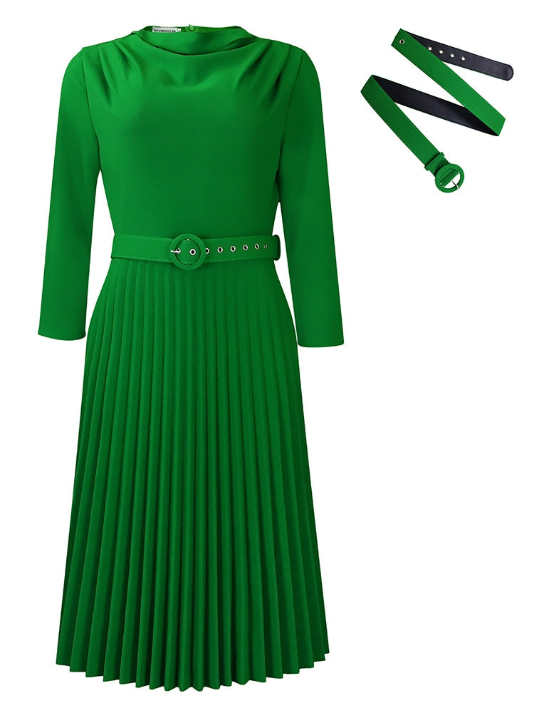 Belted Pleated Collar Dress