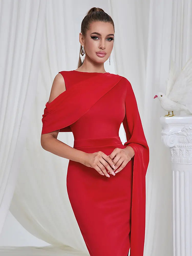 Red Shoulder Slit Evening Dress
