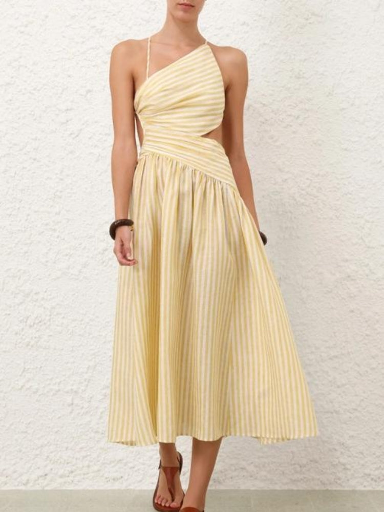 Striped Cutout Ruched Midi Dress