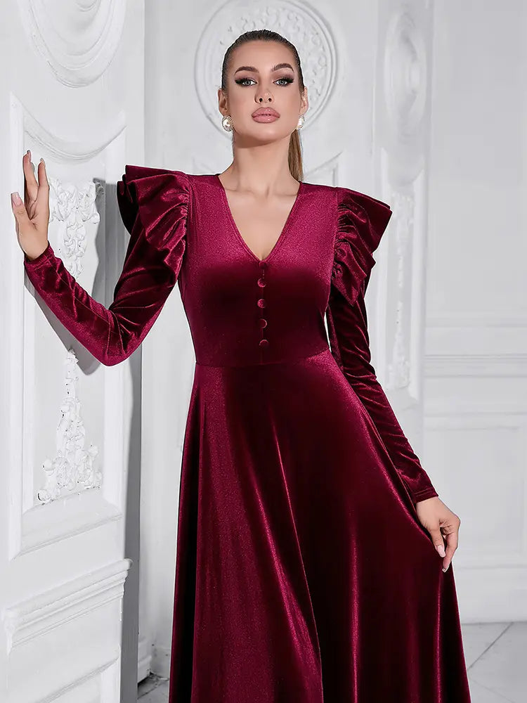 Button-Front V-Neck Maxi Dress
