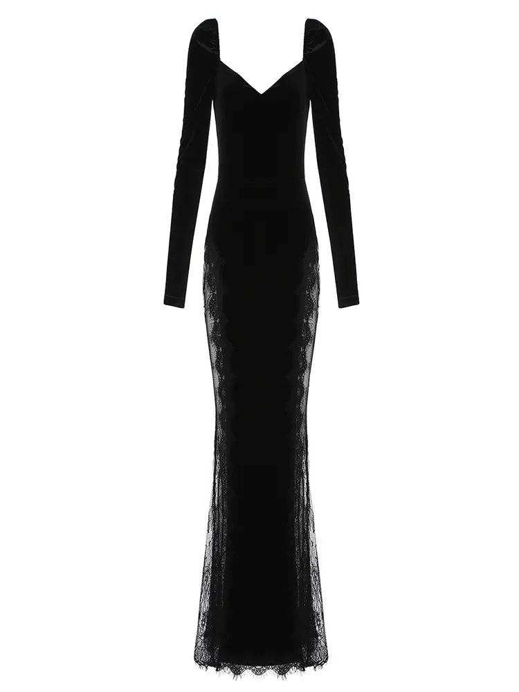 Velvet Lace Panel Evening Dress