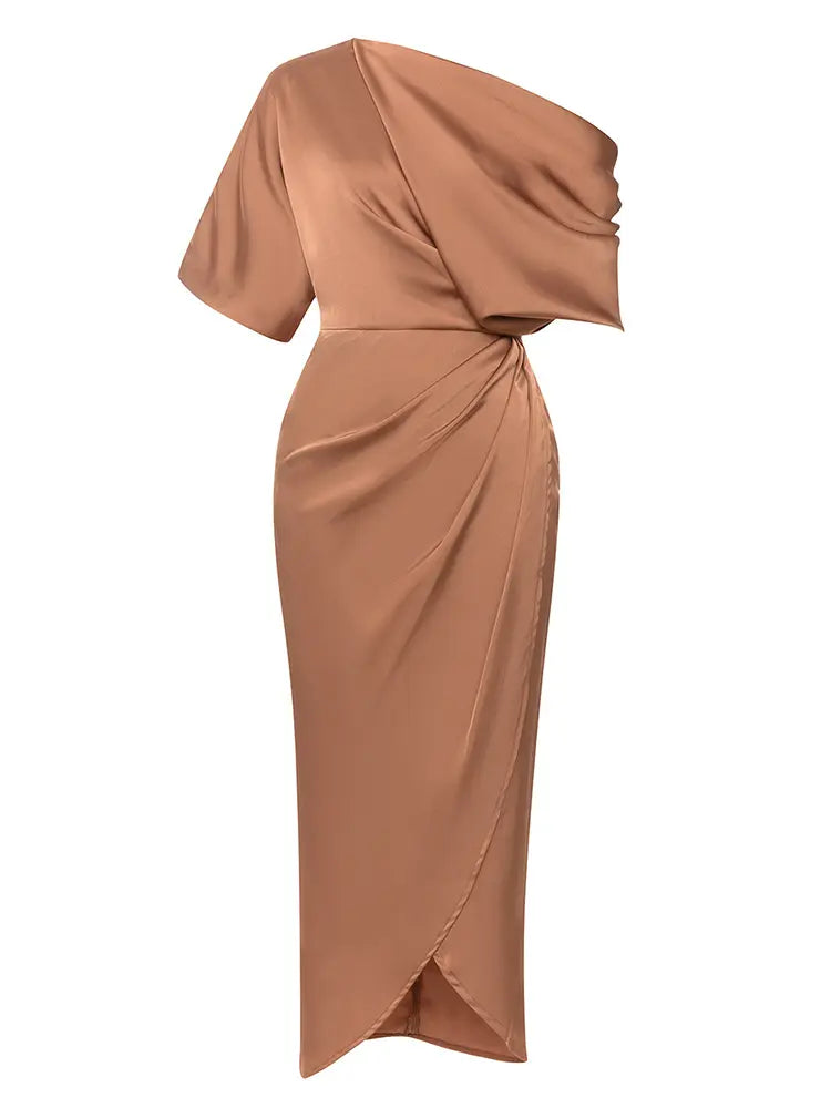 Camel Ruched Slit Maxi Dress