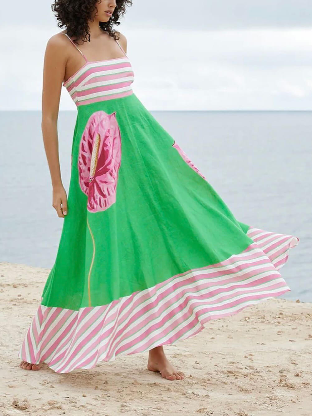 Striped Floral Strap Maxi Dress