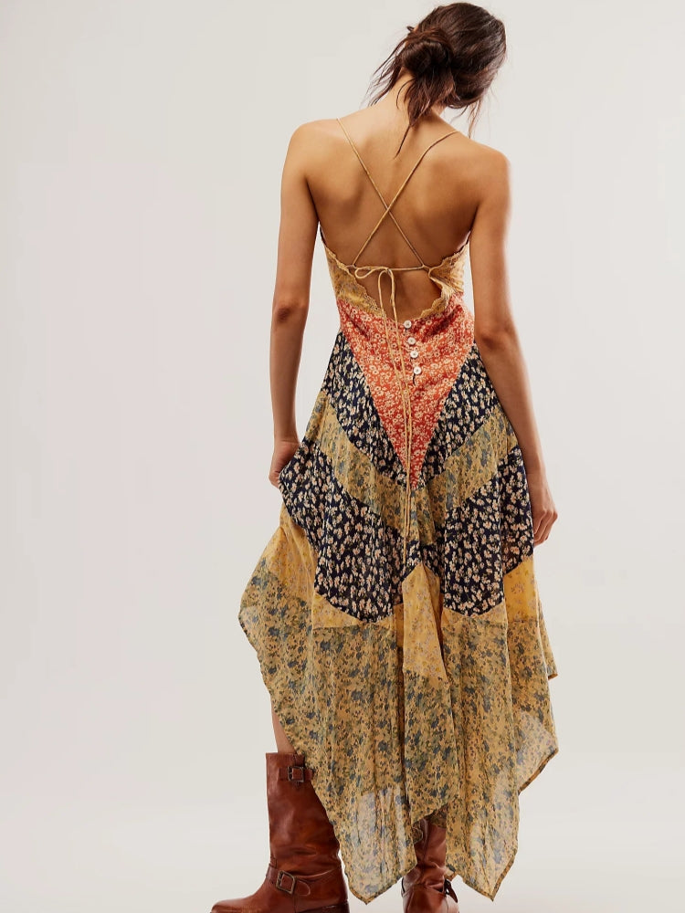 Boho Patchwork Open Back Maxi Dress