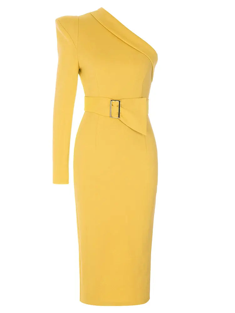 Belted One-Shoulder Midi Dress