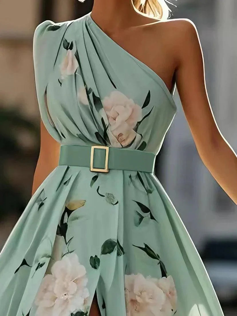 The Flora — One Shoulder Floral Chiffon Maxi Dress with Split