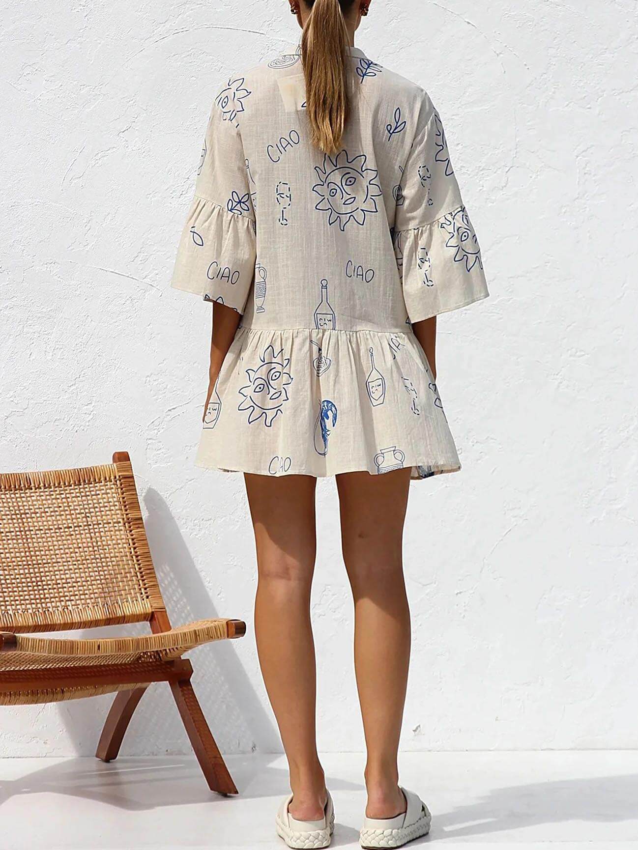 Floral Print Bell-Sleeve Shirt Dress