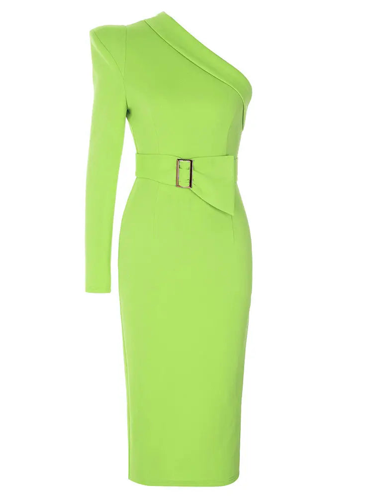 Belted One-Shoulder Midi Dress