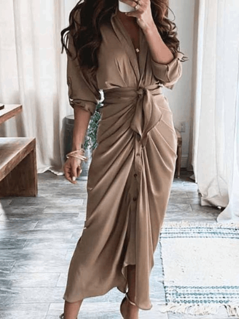Ruched Empire-Waist V-Neck Dress