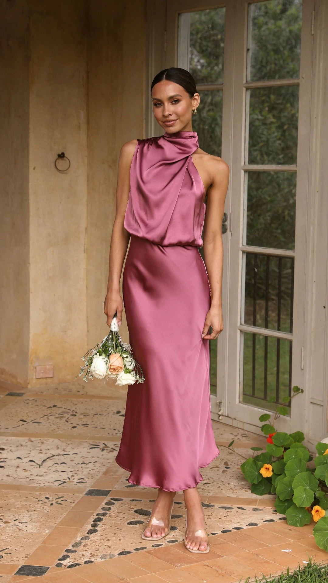 High Neck Draped Midi Dress