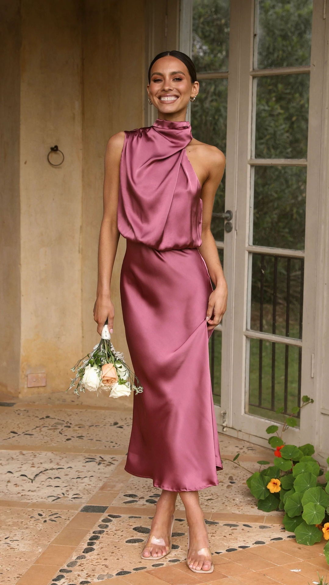 High Neck Draped Midi Dress