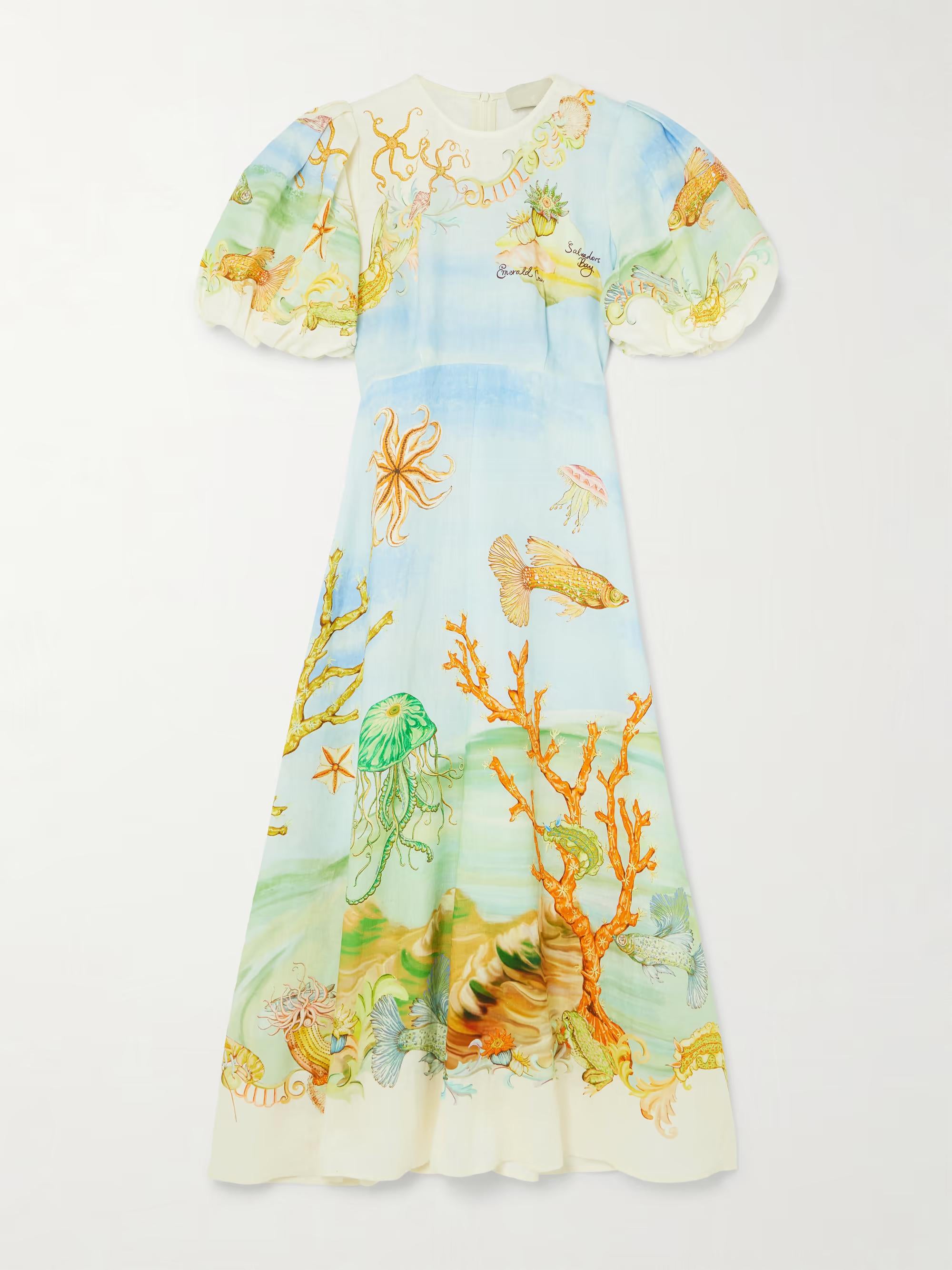 Puff Sleeve Linen-Gauze Midi Dress