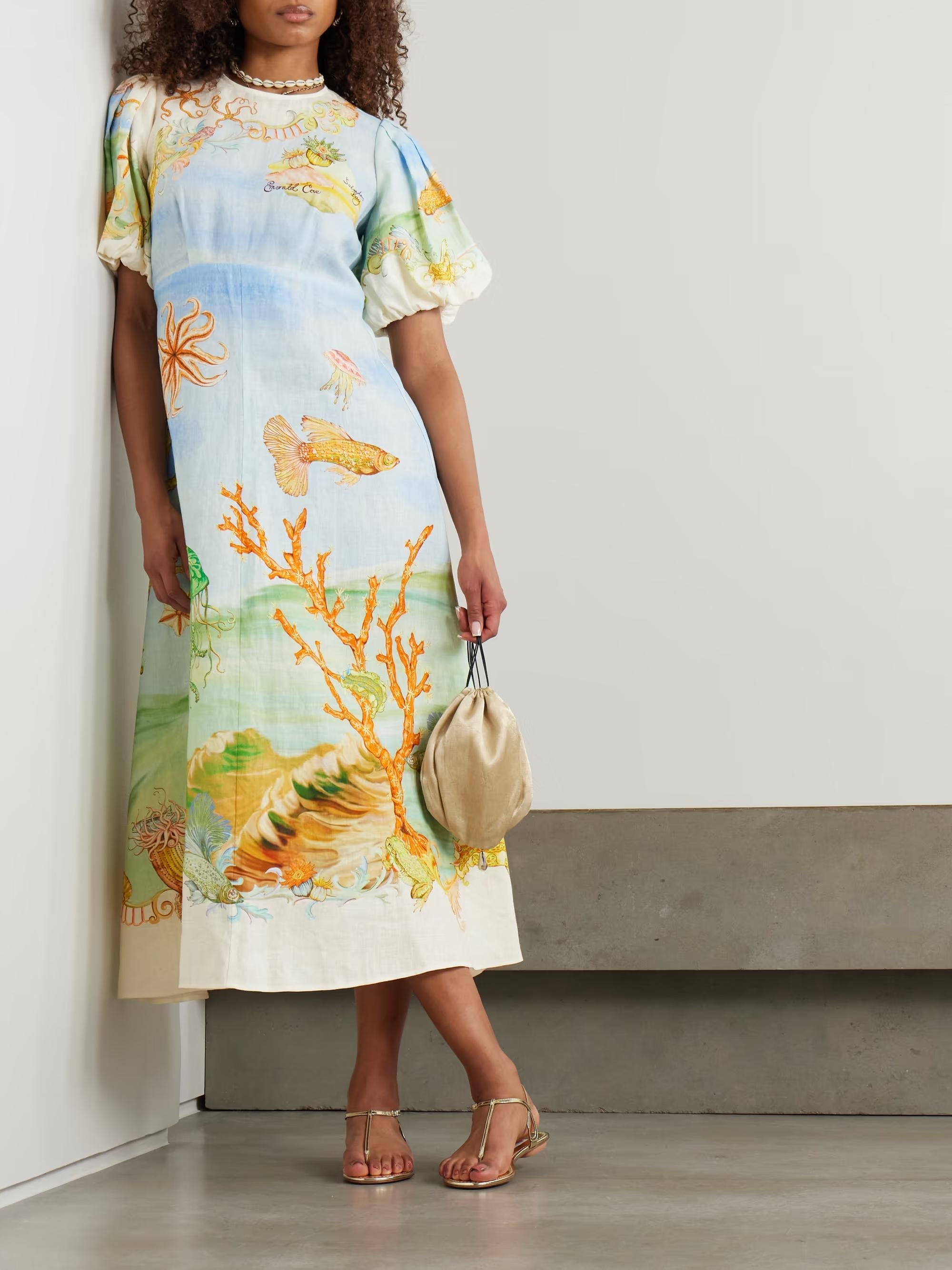 Puff Sleeve Linen-Gauze Midi Dress