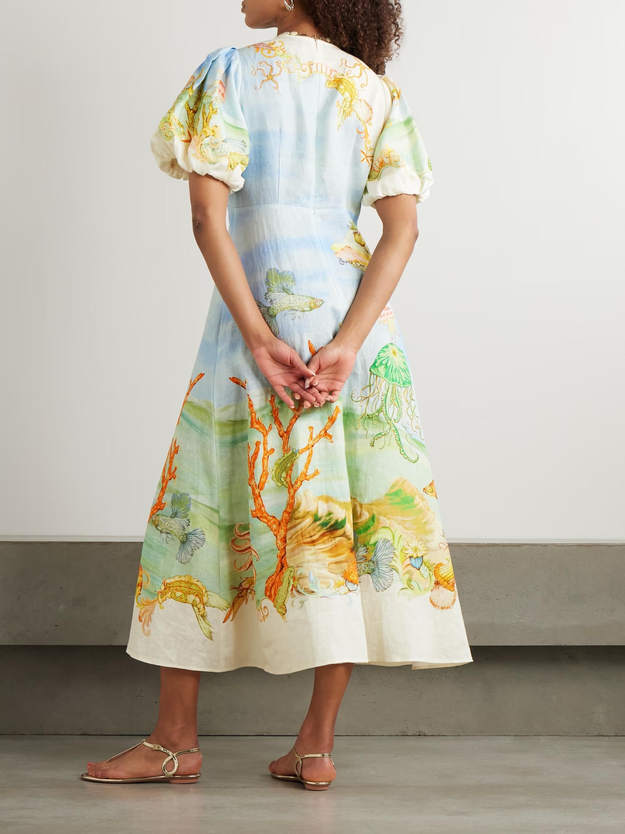 Puff Sleeve Linen-Gauze Midi Dress