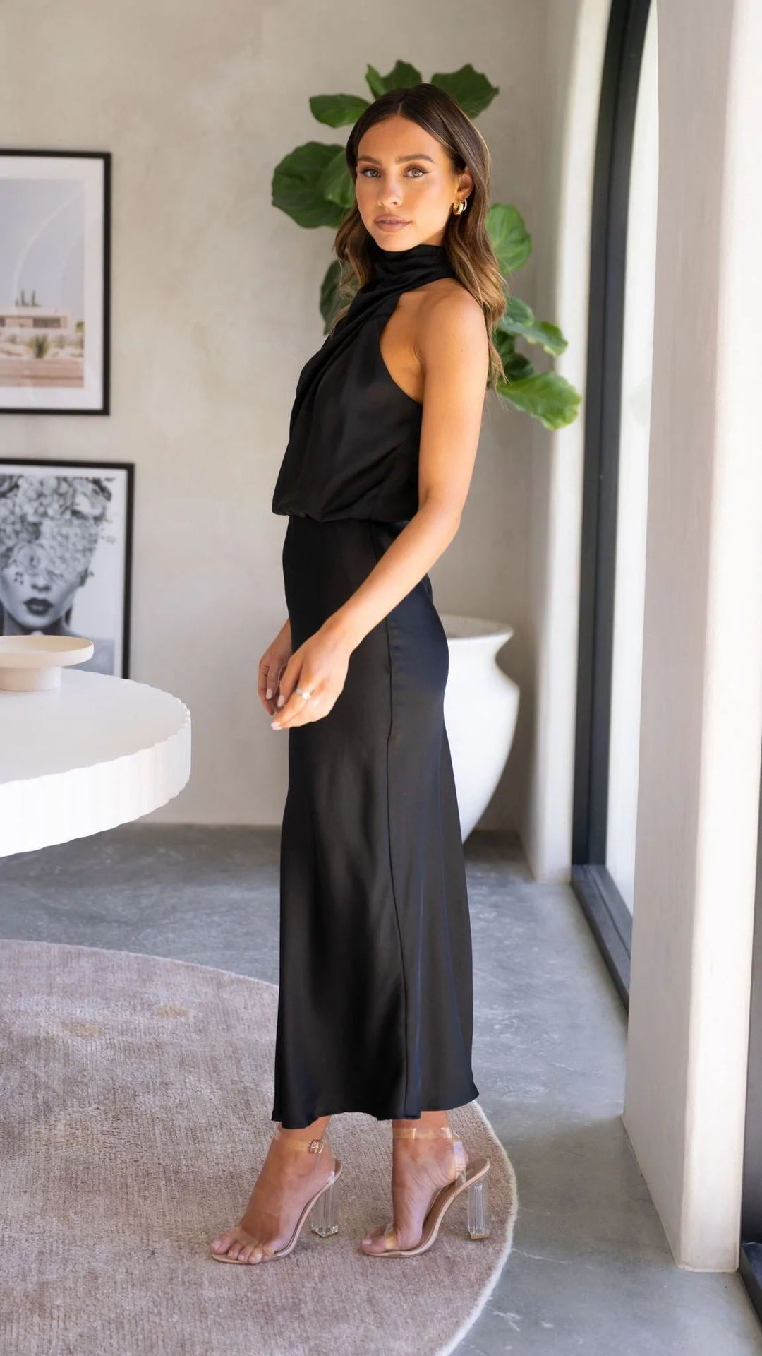 High Neck Draped Midi Dress