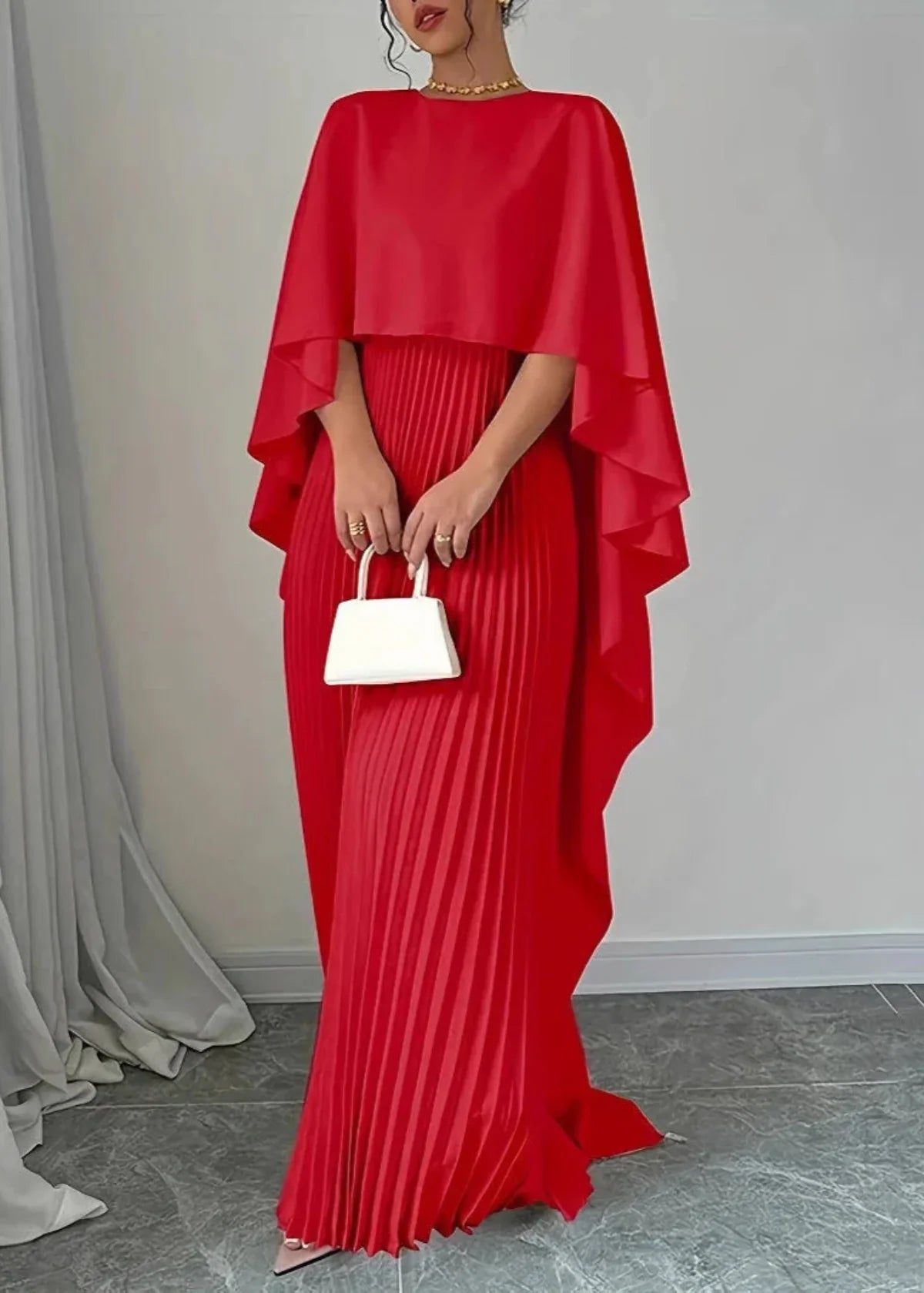 The Amelia — Cape Overlay Pleated Maxi Dress