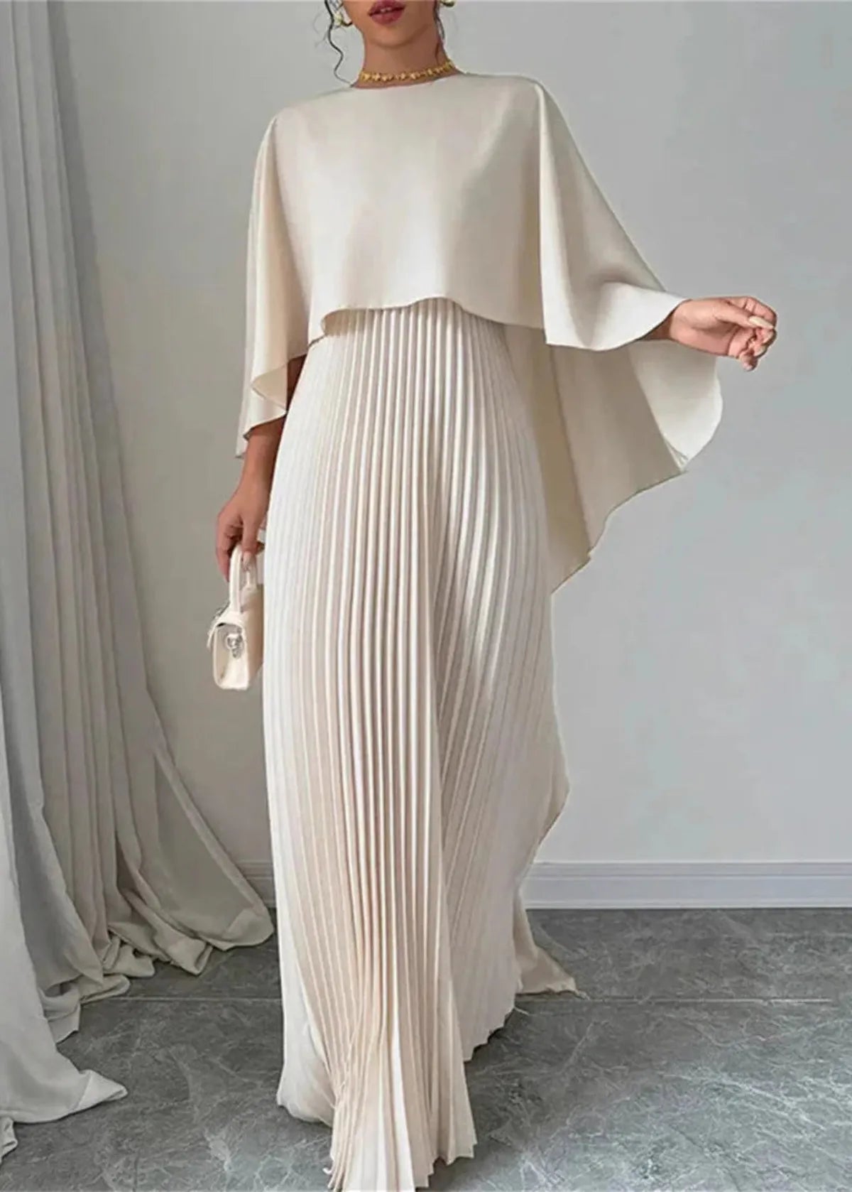 The Amelia — Cape Overlay Pleated Maxi Dress