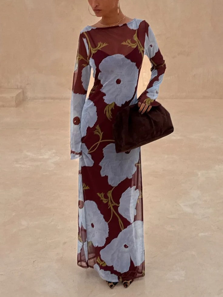Sheer Mesh Burgundy Maxi Dress