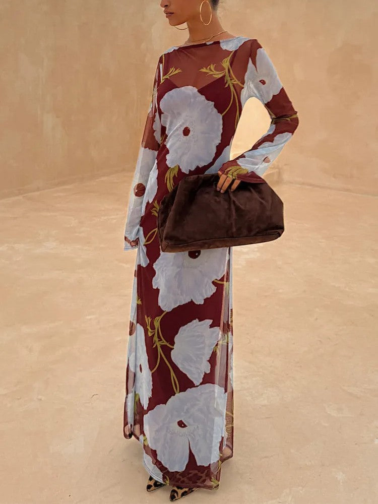 Sheer Mesh Burgundy Maxi Dress