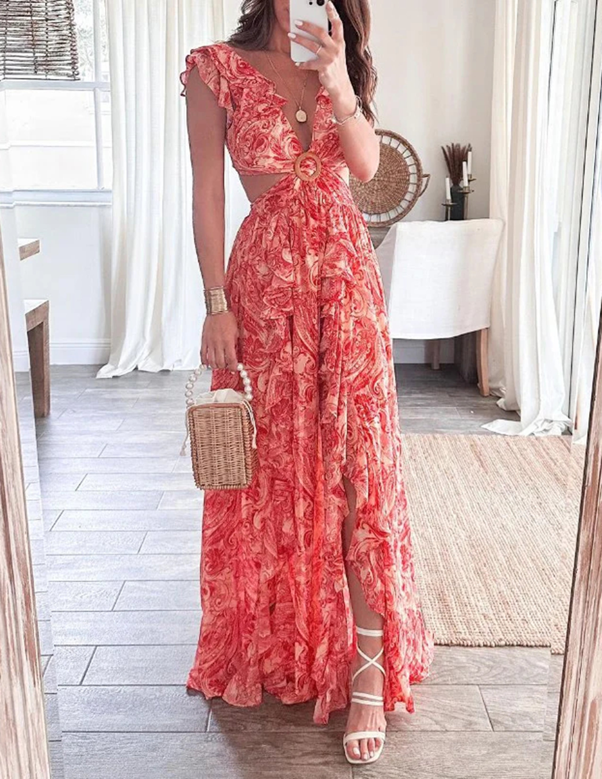 Butterfly Sleeve Ruffle Slit Dress