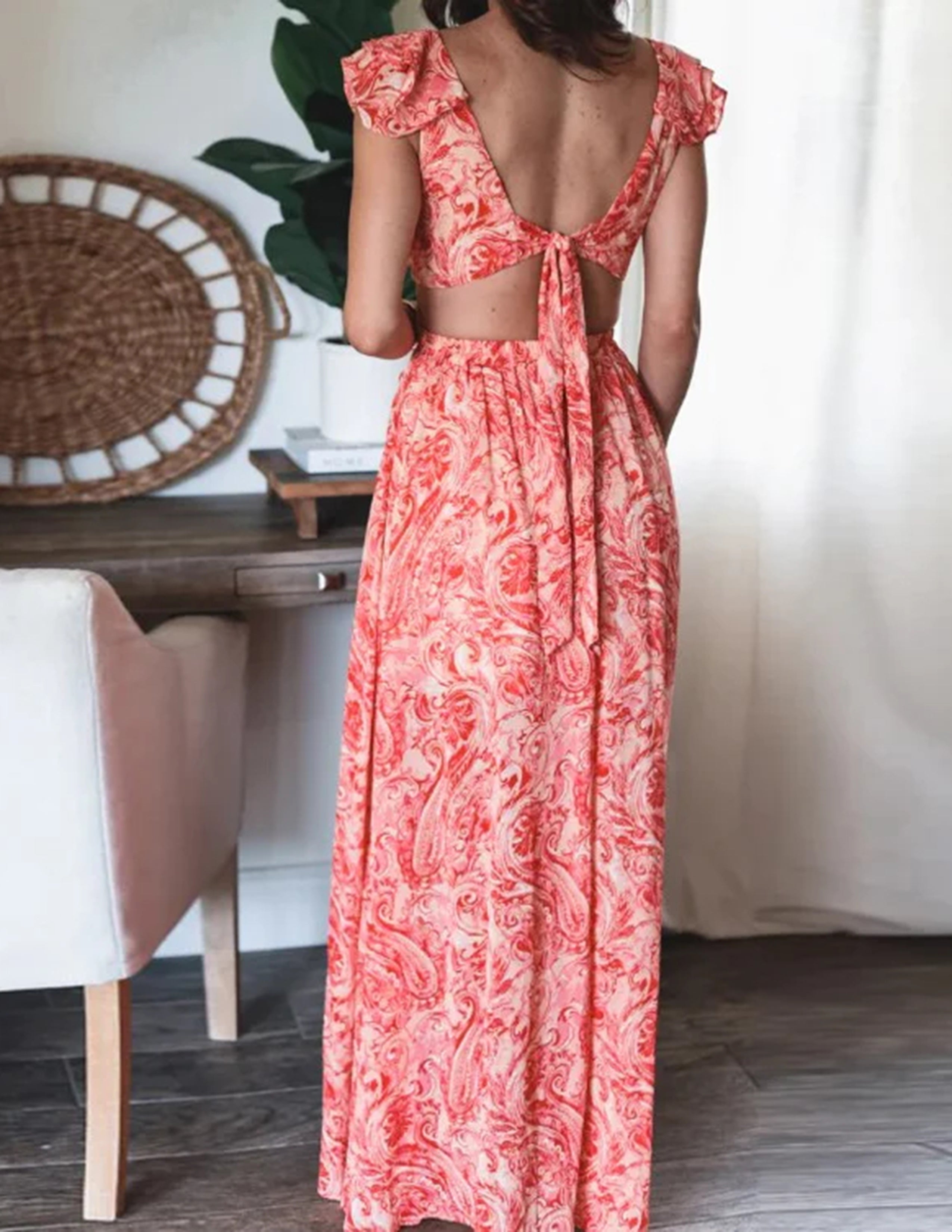 Butterfly Sleeve Ruffle Slit Dress