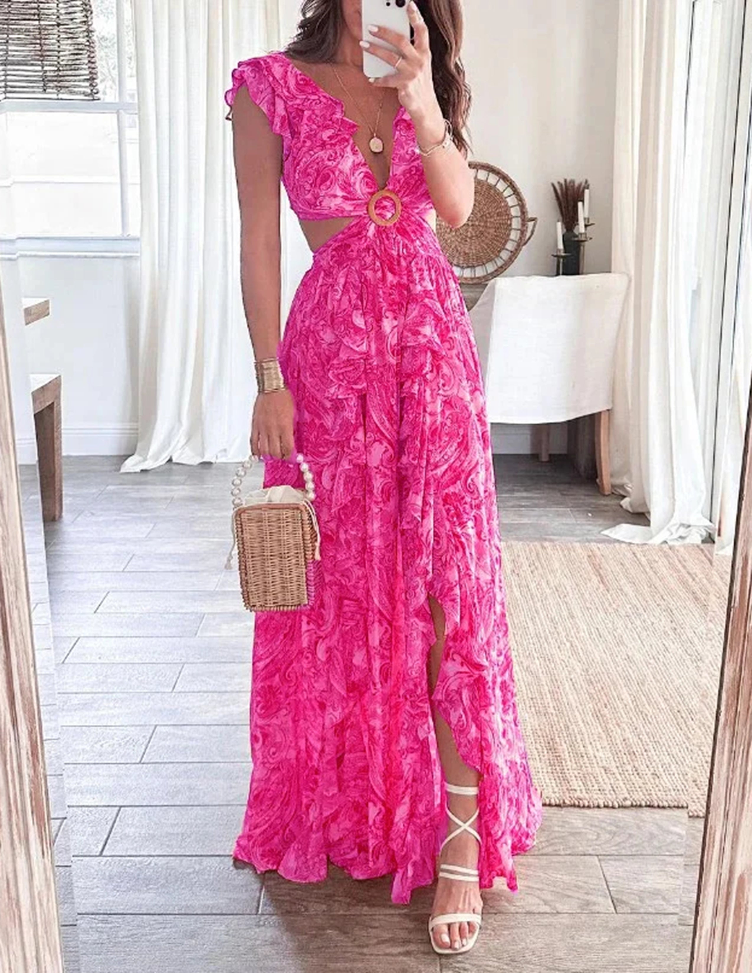 Butterfly Sleeve Ruffle Slit Dress
